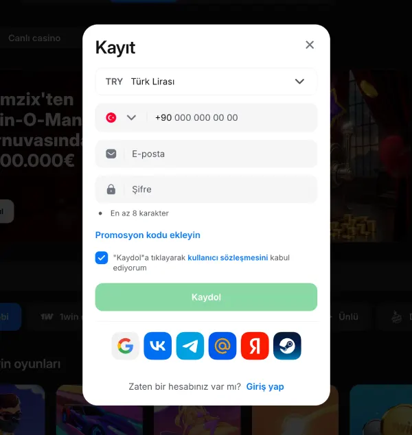 1win kayıt
